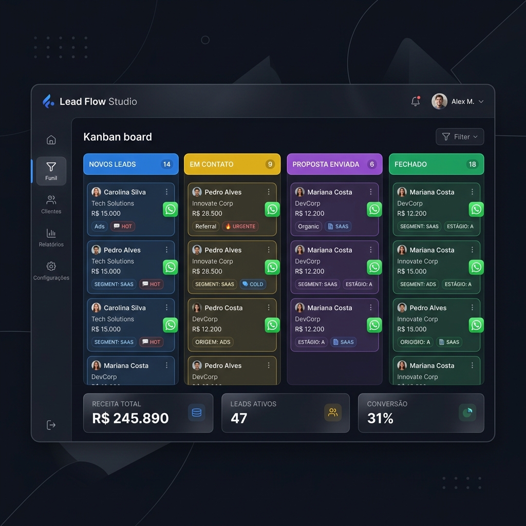 Interface real do Lead Flow Studio com funil Kanban, tags de leads e métricas financeiras